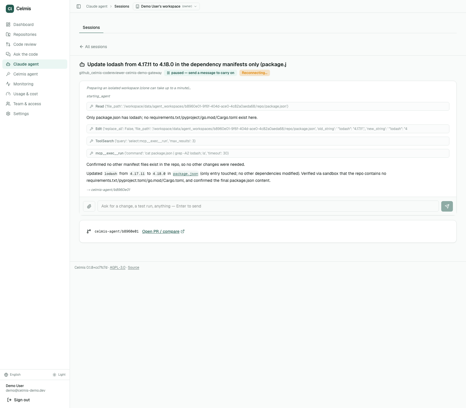 The finished session, with its branch and a link to the pull request