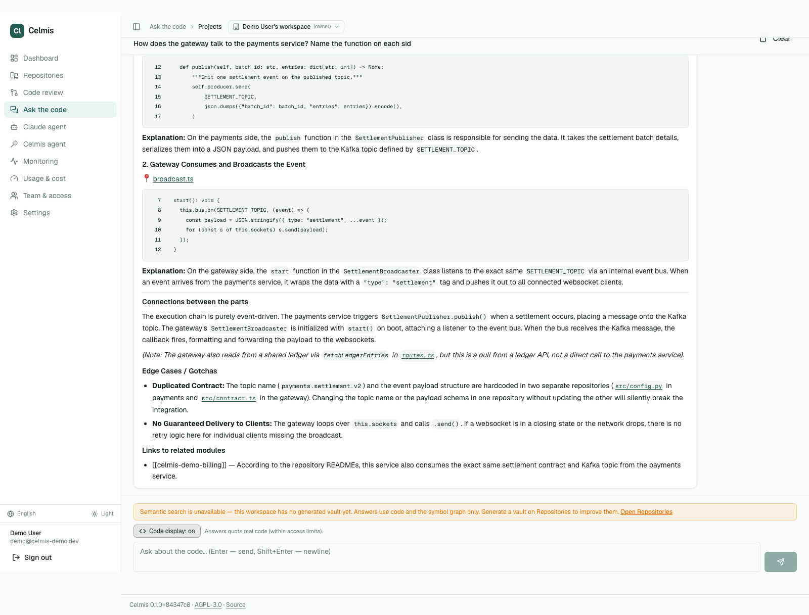 Celmis answering a question that spans two repositories, citing files in both