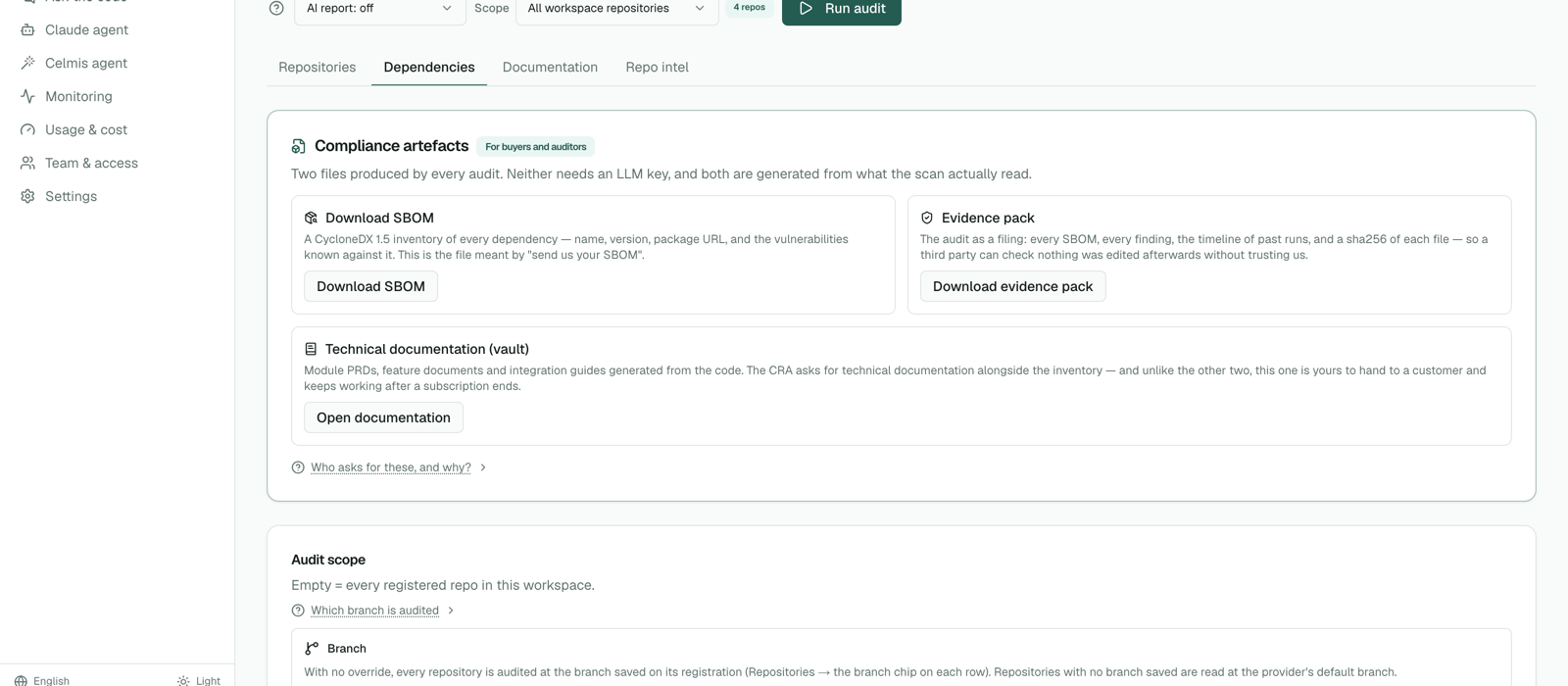 Evidence pack contents: CycloneDX SBOM, findings, timeline and a manifest of sha256 digests