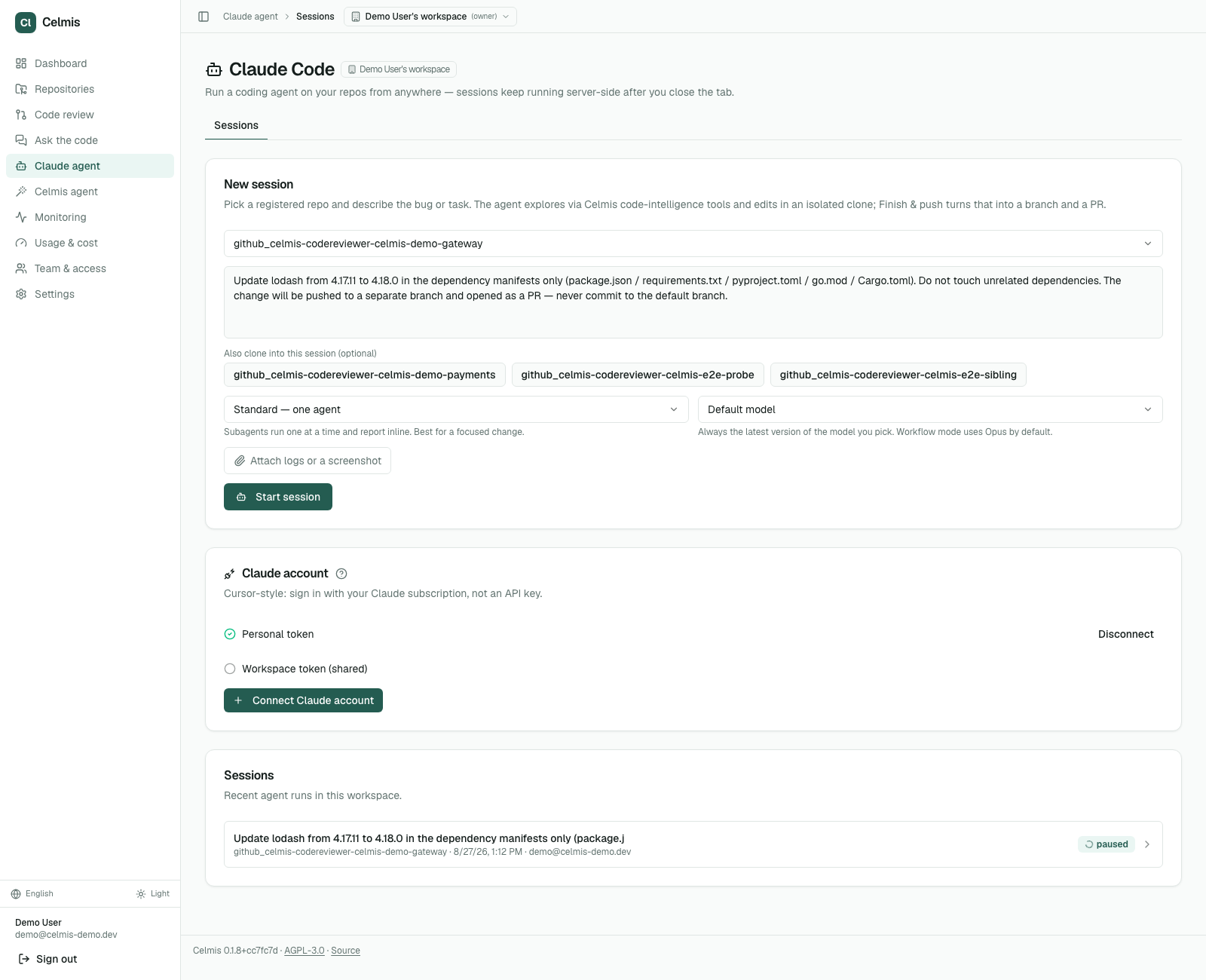 Fix with Claude, pre-filled with the repository, package and finding