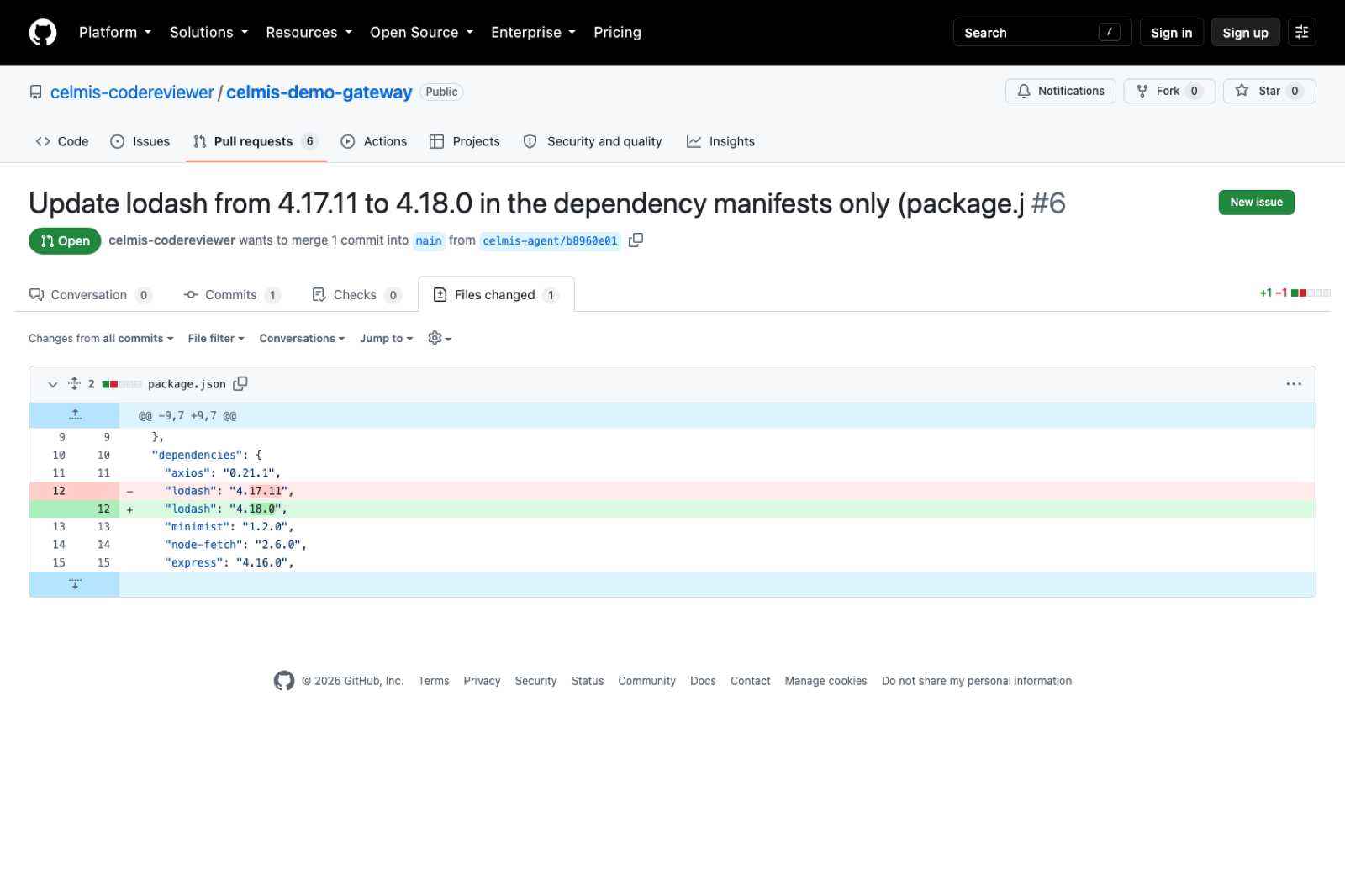 A pull request opened on GitHub by the embedded session